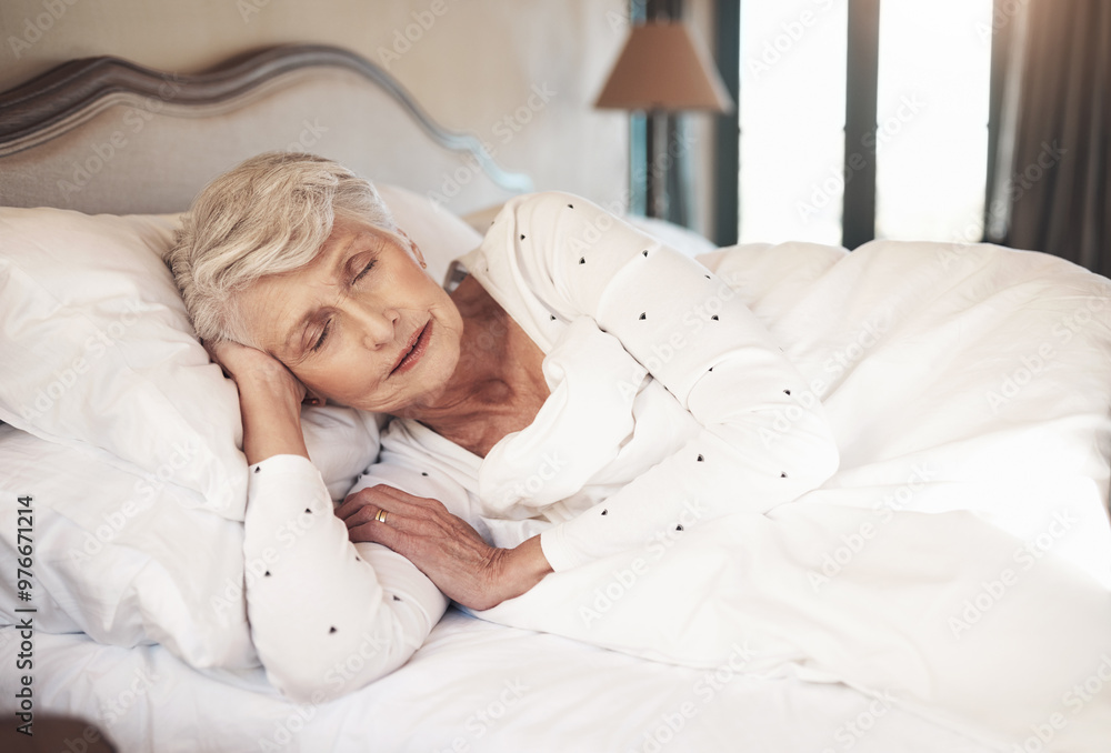 Elderly woman, sleeping and tired in bed to dream, morning fatigue and lazy in retirement home. Female person, comfortable and rest with blanket in bedroom, exhausted and nap on weekend for recovery Elderly woman, sleeping and tired in bed to dream, morning fatigue and lazy in retirement home. Female person, comfortable and rest with blanket in bedroom, exhausted and nap on weekend for recovery