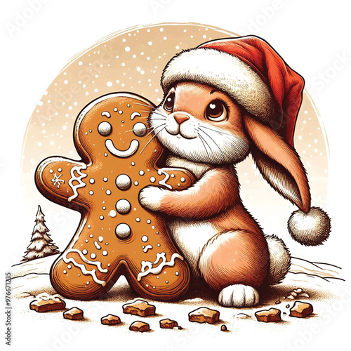 Bunny Hugging a Gingerbread Man Christmas Vector Illustration