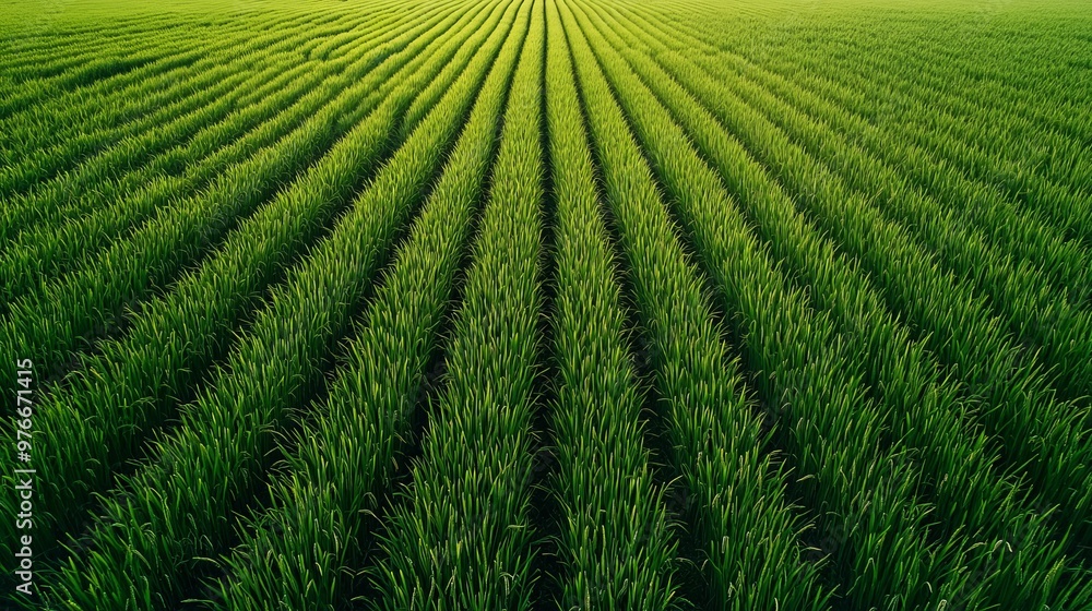 An aerial view from a flying drone capturing a rice field with a green, patterned landscape. An aerial view from a flying drone capturing a rice field with a green, patterned landscape.