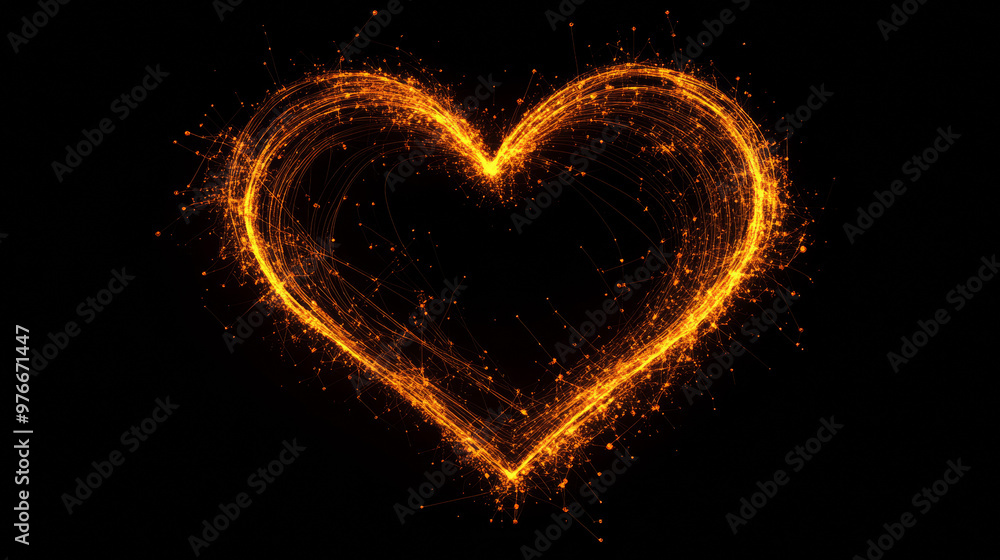 Glowing orange-golden heart, radiating love, made from magical energy lines and particles on a black background. Perfect for a Valentine's Day holiday theme. Abstract background design. Glowing orange-golden heart, radiating love, made from magical energy lines and particles on a black background. Perfect for a Valentine's Day holiday theme. Abstract background design.
