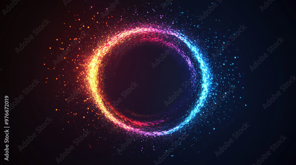 Circle frame made of particles with a shockwave explosion effect on a dark background. Features a digital explosion and radial sound wave for music visualization. Colorful equalizer background. Circle frame made of particles with a shockwave explosion effect on a dark background. Features a digital explosion and radial sound wave for music visualization. Colorful equalizer background.