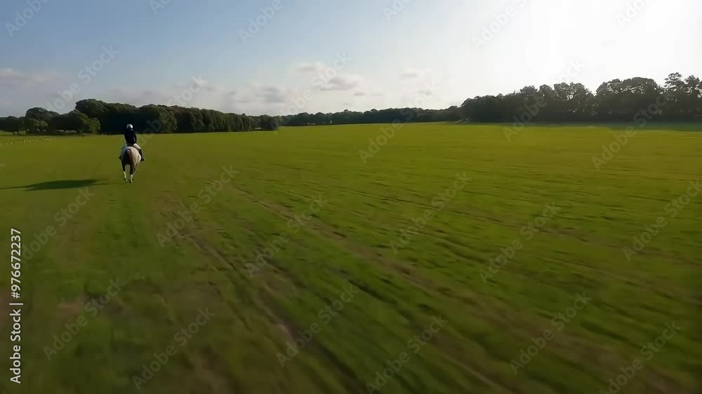 Galloping Horse with Rider Across Open Grassy Field Galloping Horse with Rider Across Open Grassy Field