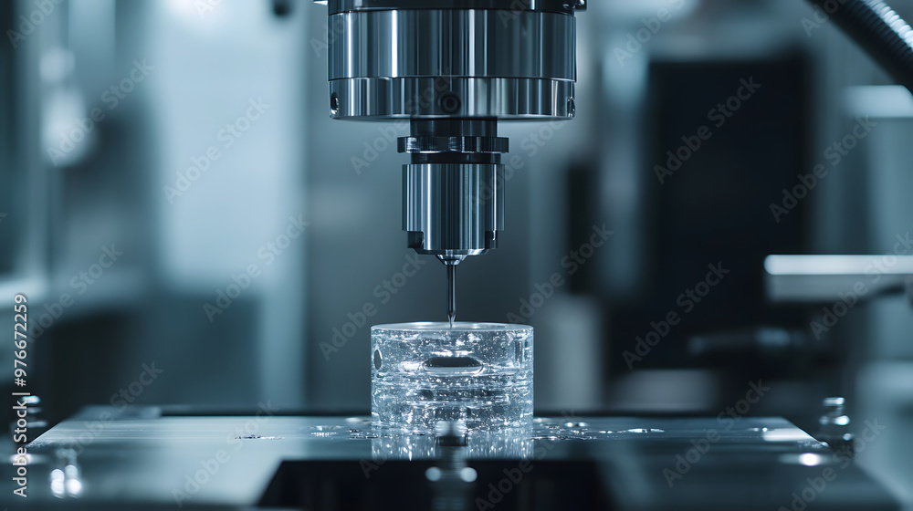 High precision CNC machining process with focus on cutting tool and clear workpiece. image captures intricate details of manufacturing in modern industrial setting High precision CNC machining process with focus on cutting tool and clear workpiece. image captures intricate details of manufacturing in modern industrial setting