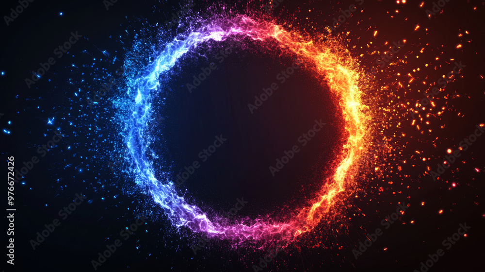 Circle frame made of particles with a shockwave explosion effect on a dark background. Features a digital explosion and radial sound wave for music visualization. Colorful equalizer background. Circle frame made of particles with a shockwave explosion effect on a dark background. Features a digital explosion and radial sound wave for music visualization. Colorful equalizer background.