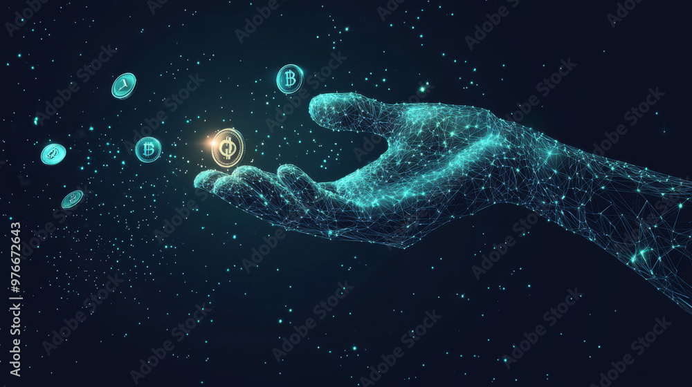 Polygonal hand tossing coins, isolated against a dark background. Represents a business and finance concept. Low poly vector illustration of a starry sky or cosmos, with digital elements. Polygonal hand tossing coins, isolated against a dark background. Represents a business and finance concept. Low poly vector illustration of a starry sky or cosmos, with digital elements.