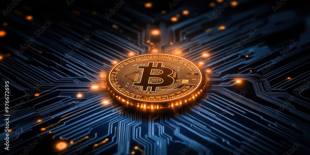 A stunning close-up of a Bitcoin on a digital circuit board, representing the future of cryptocurrency and financial technology. A stunning close-up of a Bitcoin on a digital circuit board, representing the future of cryptocurrency and financial technology.