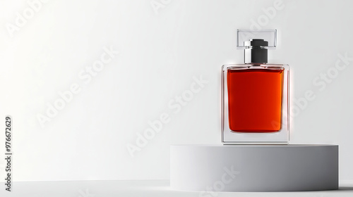 Elegant perfume bottle showcasing a deep red fragrance in a minimalist setting, perfect for beauty and lifestyle themes.