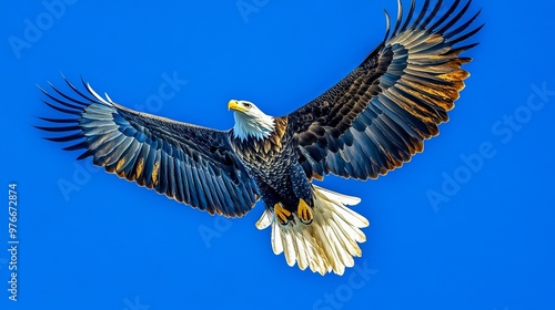 A majestic bald eagle soaring through a bright blue sky over Kalaloch, Washington, USA. photo