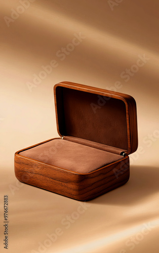 Elegant wooden box with a soft interior, perfect for jewelry, keepsakes, or gifts, set against a smooth, golden background.