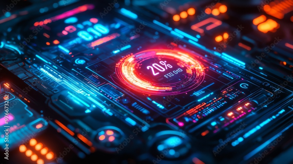 Weather app interface predicting temperature, futuristic hologram, neon blue, close-up Weather app interface predicting temperature, futuristic hologram, neon blue, close-up