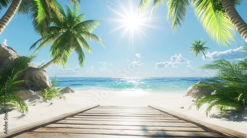 A beach scene with two palm trees and a wooden bench