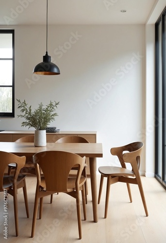 Interior design of modern dining room, dining table and wooden chairs