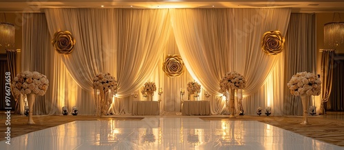 Wedding venue illuminated romantically with ivory and gold decor.