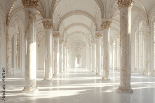 Grand white corridor with champagne marble pillars and classic arches.