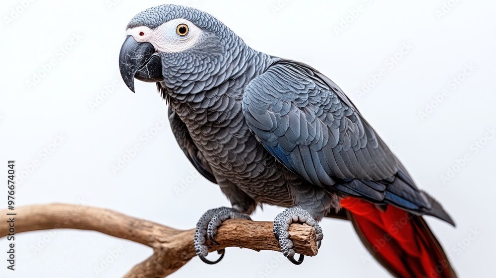 A gray parrot perched on a branch, showcasing its vibrant feathers. A gray parrot perched on a branch, showcasing its vibrant feathers.