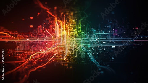 Wallpaper Mural Neon Rainbow Megacity Map: Futuristic Urban Landscape with High-Tech Transportation and Green Spaces on Starry Background Torontodigital.ca