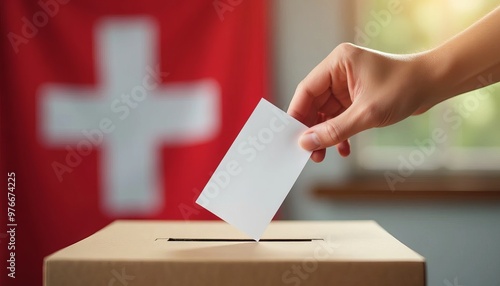 Voting Box with Hand and Ballot, Switzerland Flag Symbolizing Democracy
