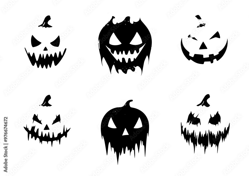 Naklejka premium Set of spooky black Halloween pumpkin faces with grunge texture in vector illustration, ideal for scary-themed posters, party invitations, and Halloween decorations 