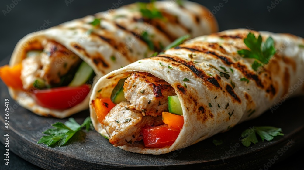 Greek gyros wrapped in pita bread. Shawarma, grilled pita on dark background. With fresh meat and vegetables. Greek gyros wrapped in pita bread. Shawarma, grilled pita on dark background. With fresh meat and vegetables.