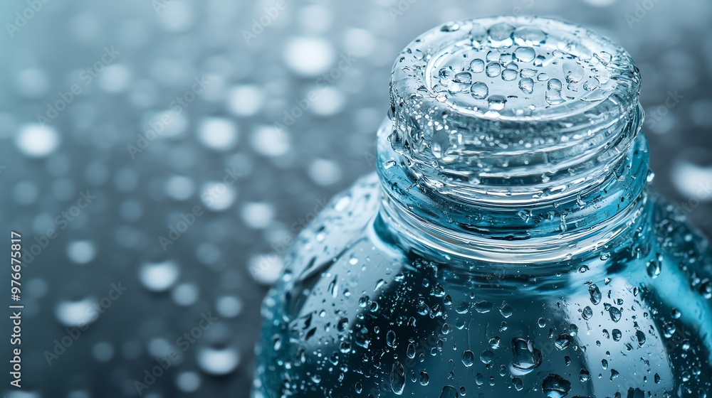 A plastic water bottle with condensation on a table. A plastic water bottle with condensation on a table.