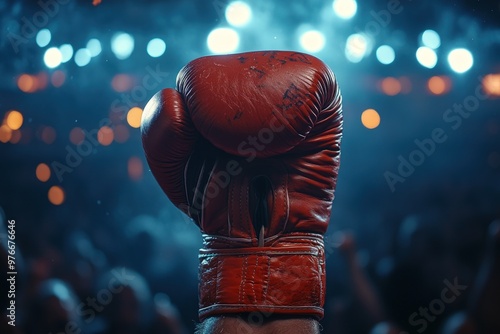 A red boxing glove raised in victory with a cheering crowd in the background.