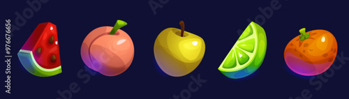 Slot game fruit icons set isolated on background. Vector cartoon illustration of watermelon, peach, apple, lime, orange, online casino ui design elements, gambling machine assets, lottery jackpot kit