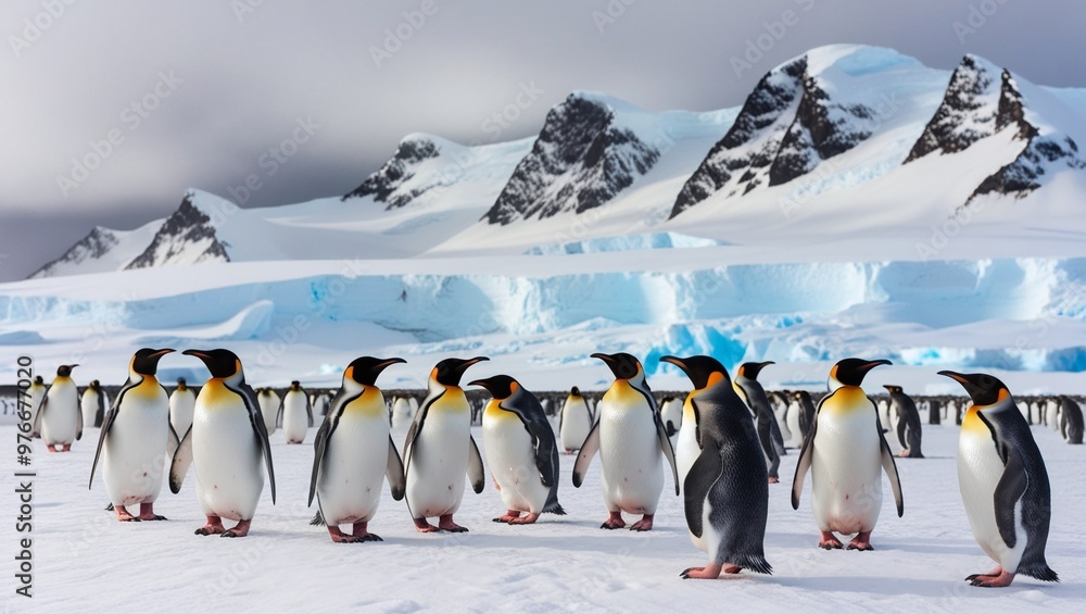 Obraz premium a group of penguins stand in front of a mountain.