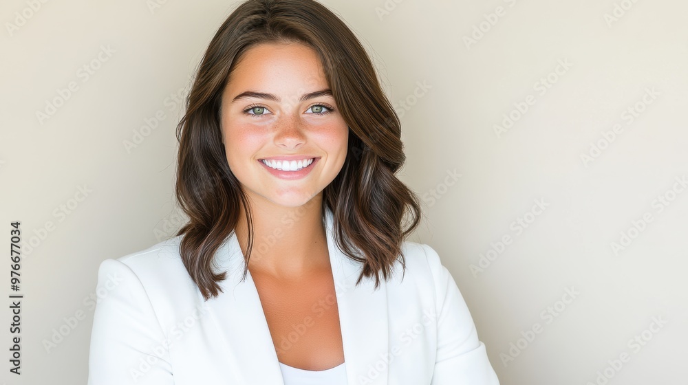Smiling young woman with dark brown hair and a white blazer, standing confidently against a light background. Professionalism and positivity concept. Smiling young woman with dark brown hair and a white blazer, standing confidently against a light background. Professionalism and positivity concept.