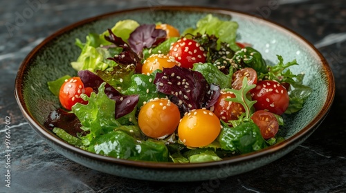 Dish of delicious and authentic salad with full of lettuce and tomatoes, sesame on top