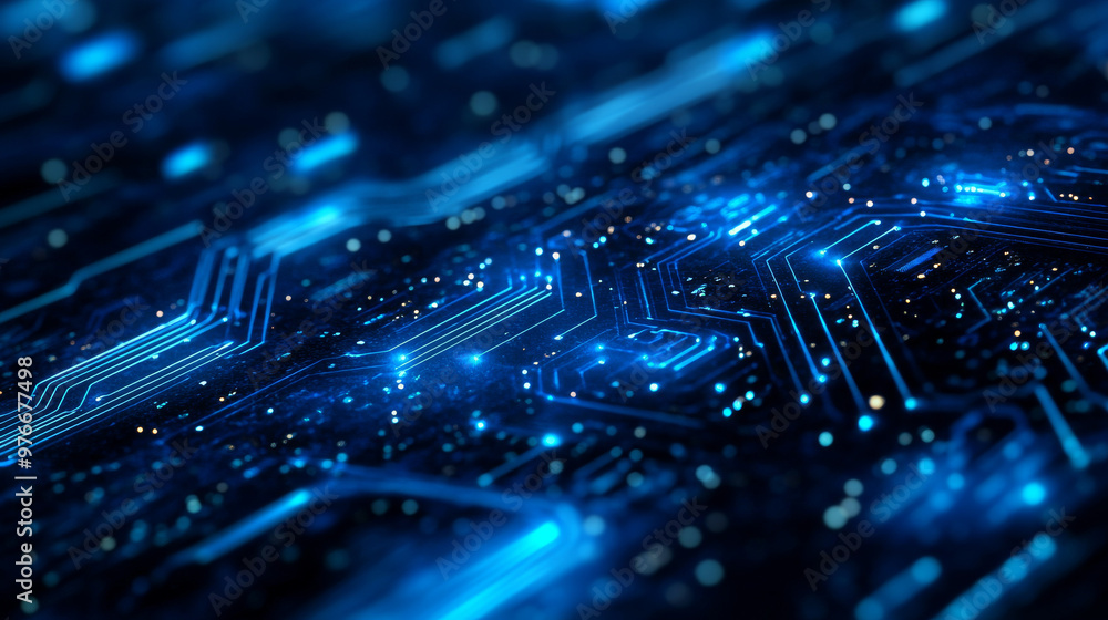 Concept of quantum computer technologies with a futuristic blue circuit board background.Features modern technology circuit board texture and wave flow elements, depicting quantum explosion technology Concept of quantum computer technologies with a futuristic blue circuit board background.Features modern technology circuit board texture and wave flow elements, depicting quantum explosion technology