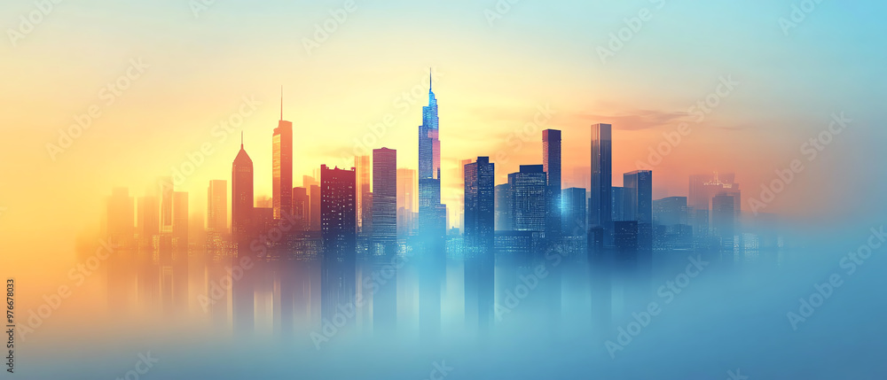 Fototapeta premium Sleek city skyline silhouettes over an abstract vector background, soft gradient sky blending with sharp building outlines, modern and urban design