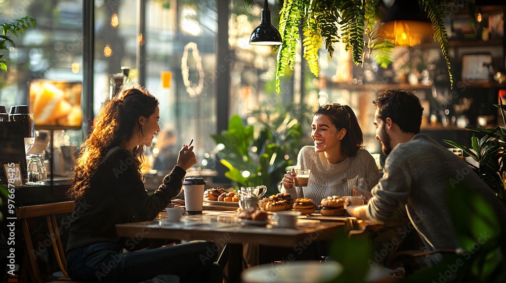 A cozy café buzzes with laughter as friends savor coffee and pastries in a warmly lit setting. A cozy café buzzes with laughter as friends savor coffee and pastries in a warmly lit setting.