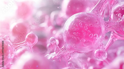 Vibrant close-up of pink molecules, showcasing intricate details and bubbles, perfect for scientific or creative projects.