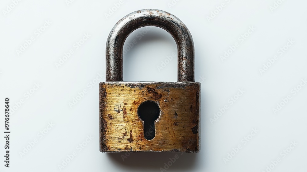 A rusty padlock resting on a white surface, symbolizing security. A rusty padlock resting on a white surface, symbolizing security.