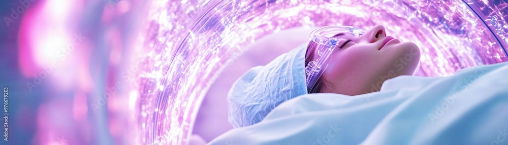 Naklejka premium A serene medical spa scene showcasing relaxation therapy with calming light effects, promoting wellness and rejuvenation.
