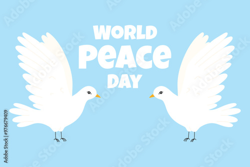 World Peace Day. Poster for peace day with dove. Flying white dove. Vector illustration. Flat style.