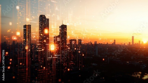 Digitally Connected: Futuristic Cityscape with 5G Towers and Data Streams at Dusk