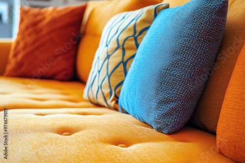 A close-up of a yellow sofa with colorful cushions, including orange and blue. Perfect for home decor, furniture, and interior design themes. photo