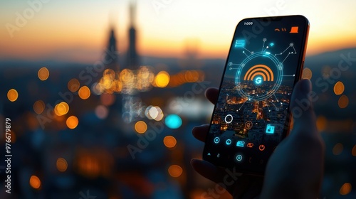 Cutting-Edge Technology: Smartphone Displaying 5G Connection in Urban Setting