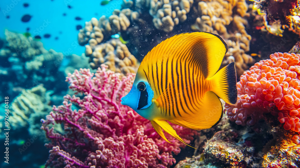 Naklejka premium Colorful fish swimming among coral reefs.