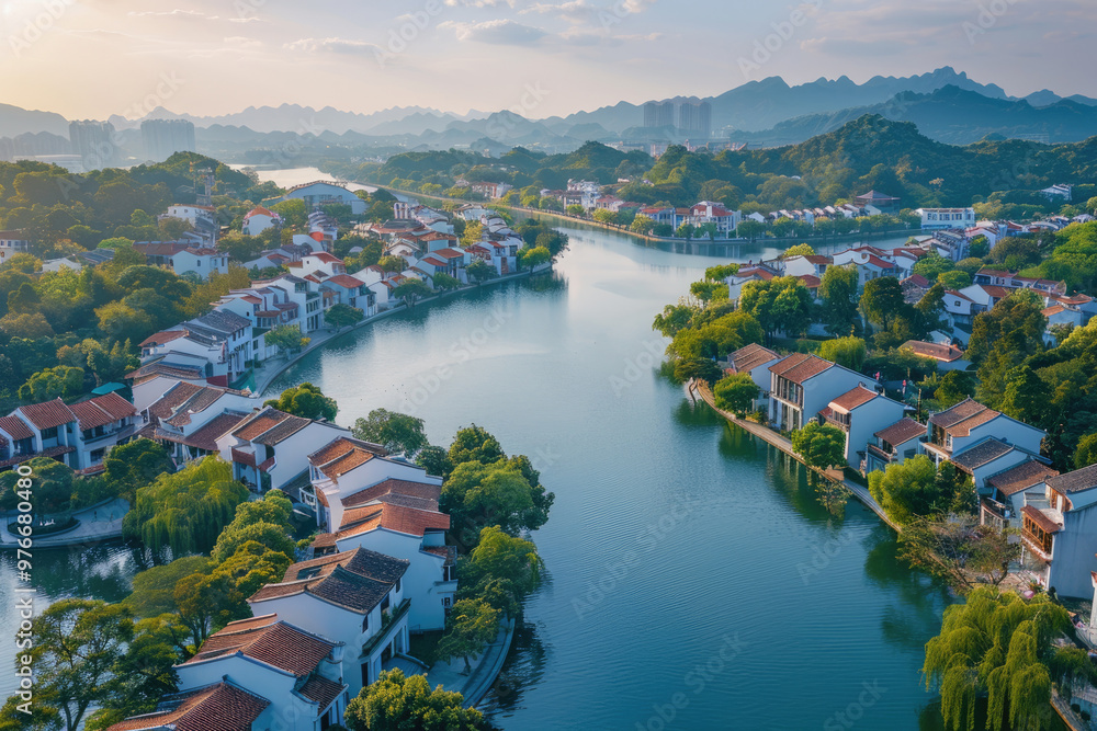 Fototapeta premium The river flows through the village