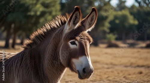 Cute baby donkey and mother on floral meadow. generative.ai
