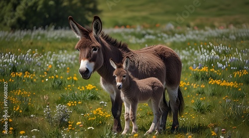 Cute baby donkey and mother on floral meadow. generative.ai