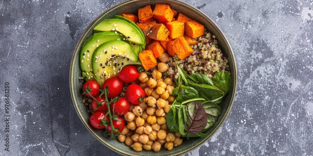 Vegan Buddha Bowl Featuring Avocado, Quinoa, Sweet Potato, Tomato, Spinach, and Chickpeas - Overhead Perspective Vegan Buddha Bowl Featuring Avocado, Quinoa, Sweet Potato, Tomato, Spinach, and Chickpeas - Overhead Perspective