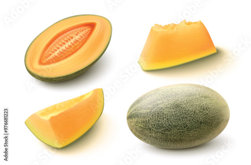 Whole, half and slice of ripe juicy sweet melon fruit with green textured rind and orange pulp with seeds. Realistic 3d vector illustration set of honeydew cantaloupe. Natural tropical dessert.