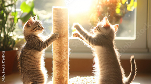 Cats playing with a scratching post in a sunlit room. photo