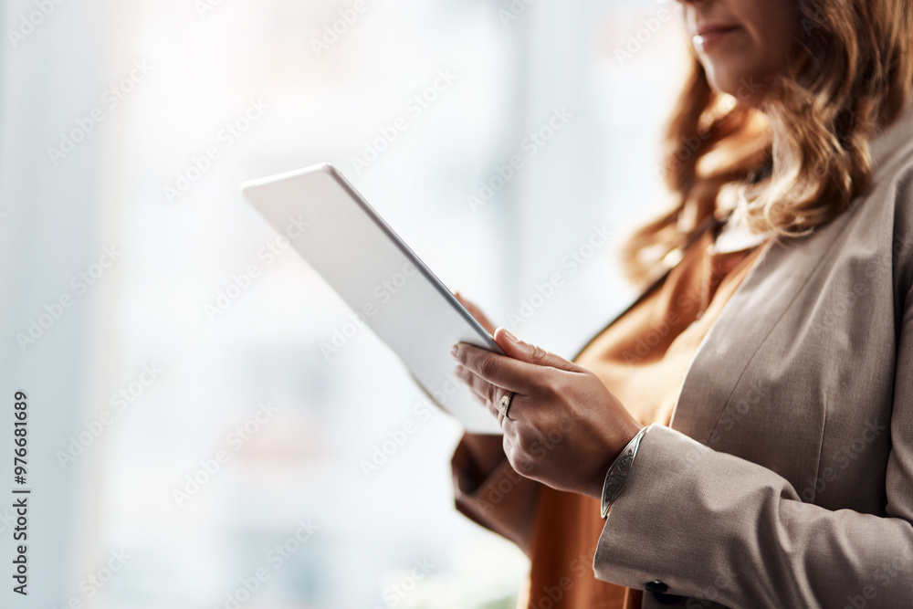 Hands, business and woman with tablet for communication, networking or online connection. Research, digital technology and female art director reading email for client media report in office.