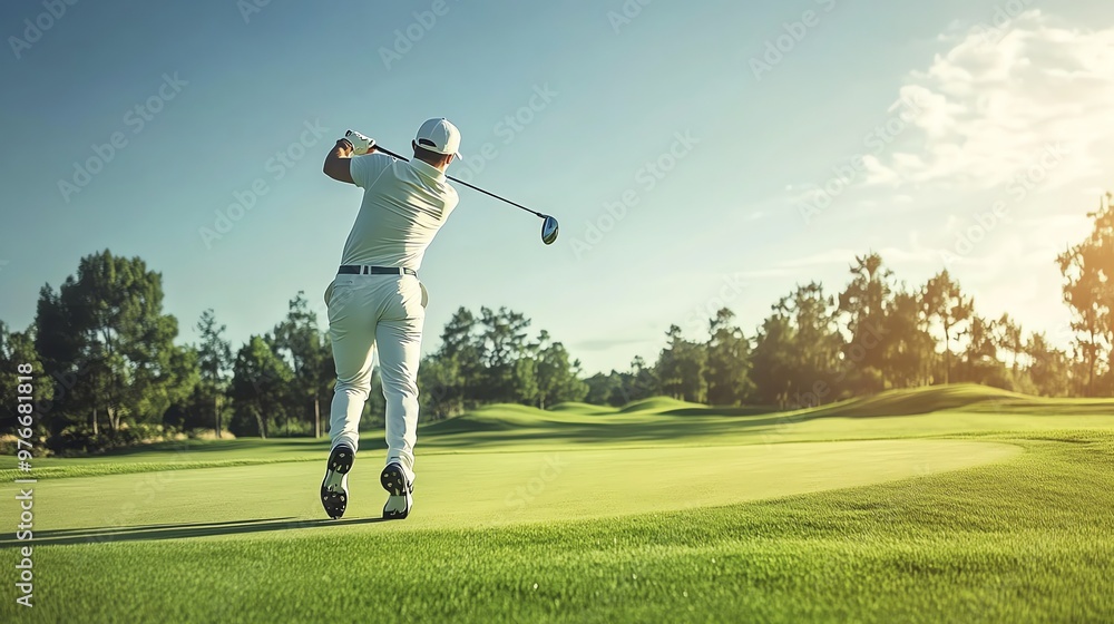 Obraz premium A golfer swings his club on a sunny golf course.