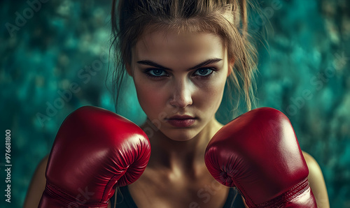 Strong young woman with headphones practising boxing