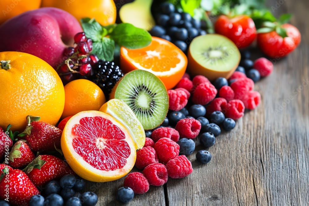 A vibrant collection of fresh fruits including berries, oranges, kiwi, and grapefruit on a wooden background. A vibrant collection of fresh fruits including berries, oranges, kiwi, and grapefruit on a wooden background.